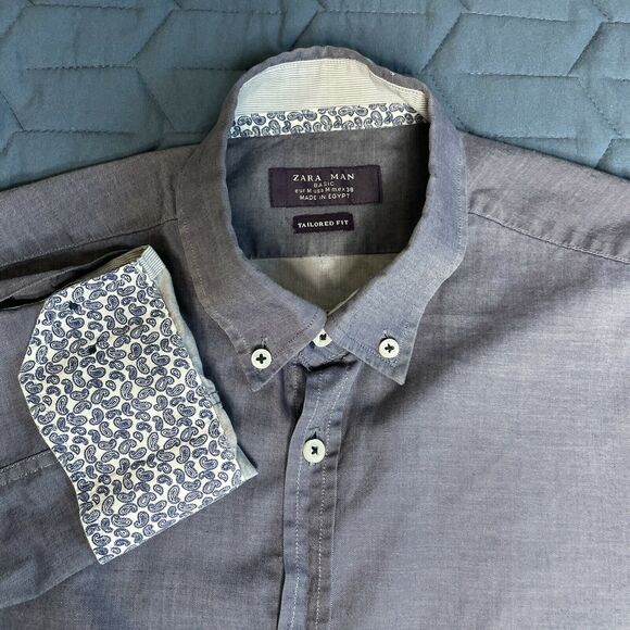 Zara Man Chambray Tailored Fit Paisley Flip Cuff Button Up Long Sleeve Med Blue - Picture 2 of 10